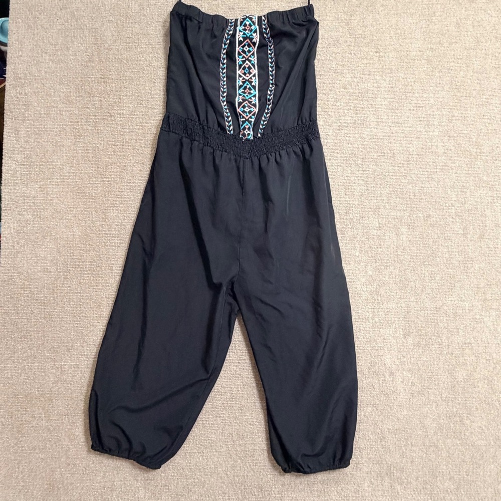 Angie Black Strapless Jumpsuit Embroidered‎ Smocked Waist Boho Romper Large